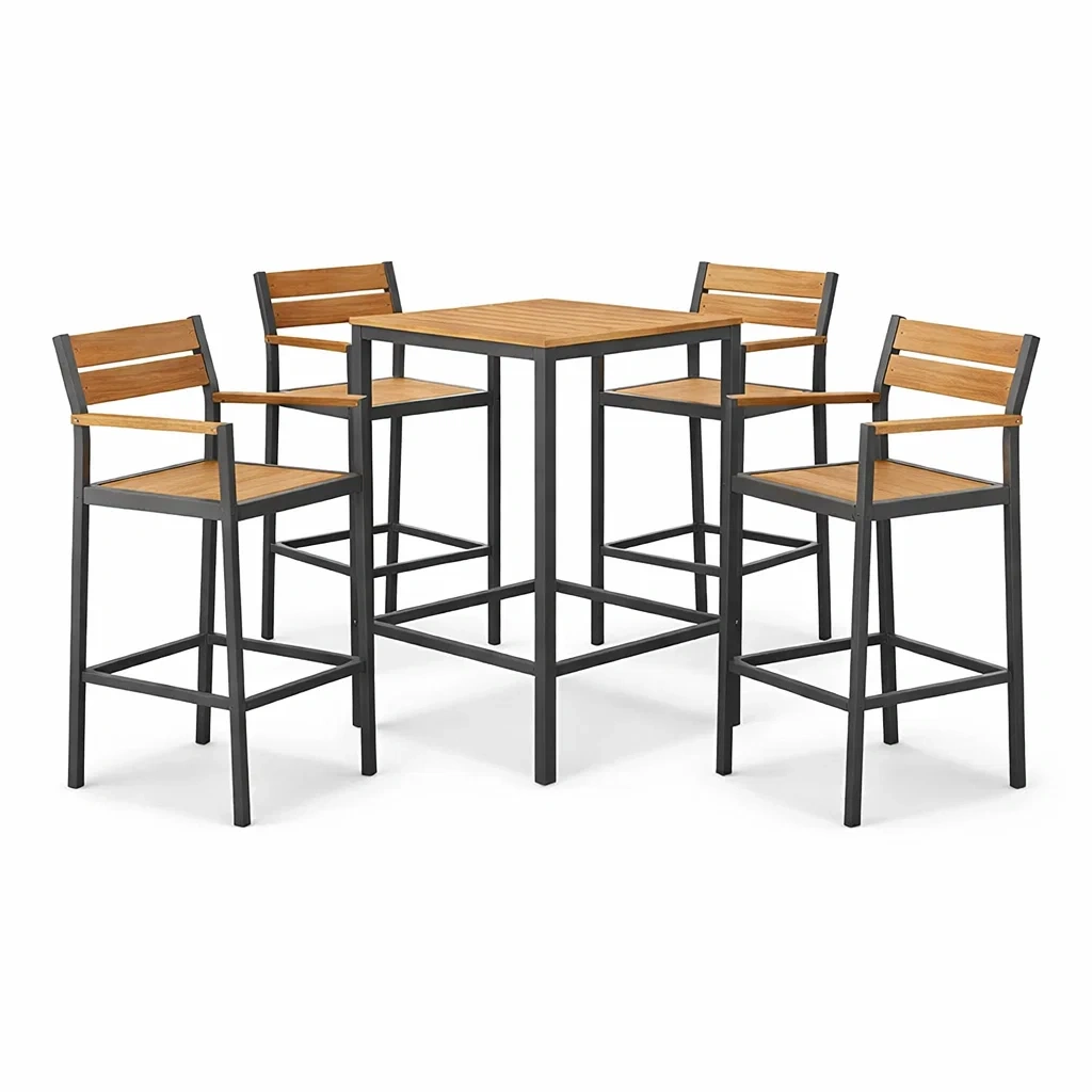 Set bar in acciaio e legno di acacia con tavolo e sedie-LUXEOASISVIBES