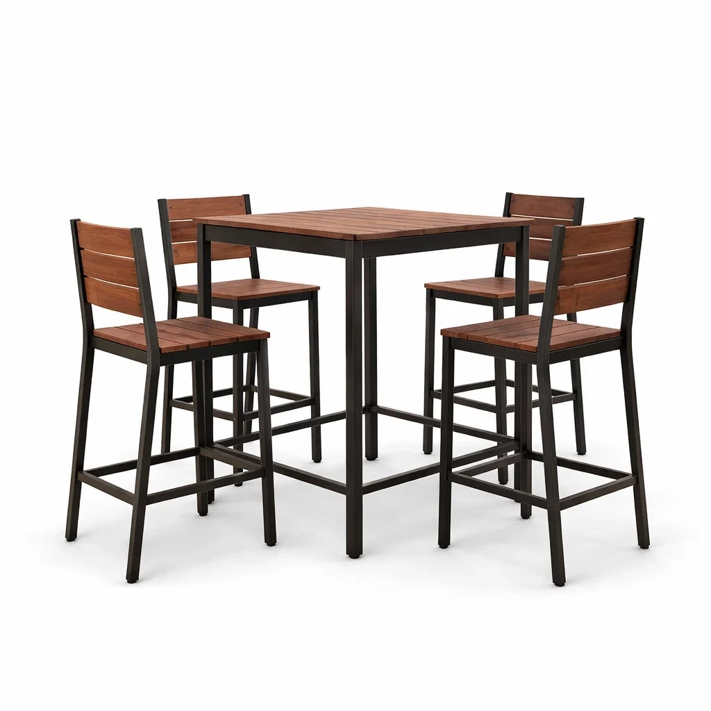 Set bar in legno massello e metallo con tavolo e sedie-LUXEOASISVIBES