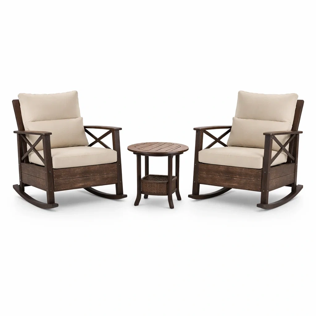 Set da relax piccolo con sedia a dondolo in legno e tavolino rotondo-LUXEOASISVIBES