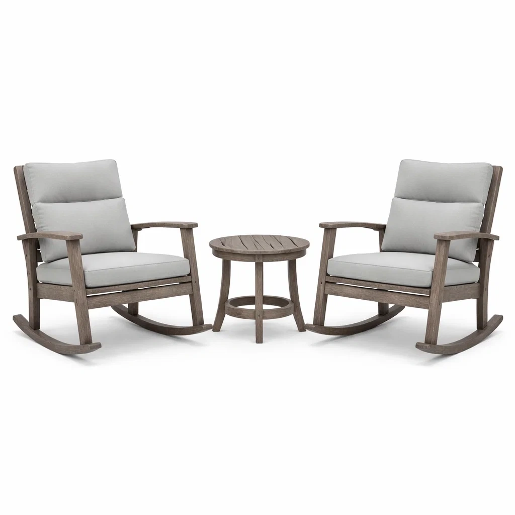 Set da relax piccolo con sedie a dondolo in legno e cuscini in poliestere con tavolino grigio-LUXEOASISVIBES