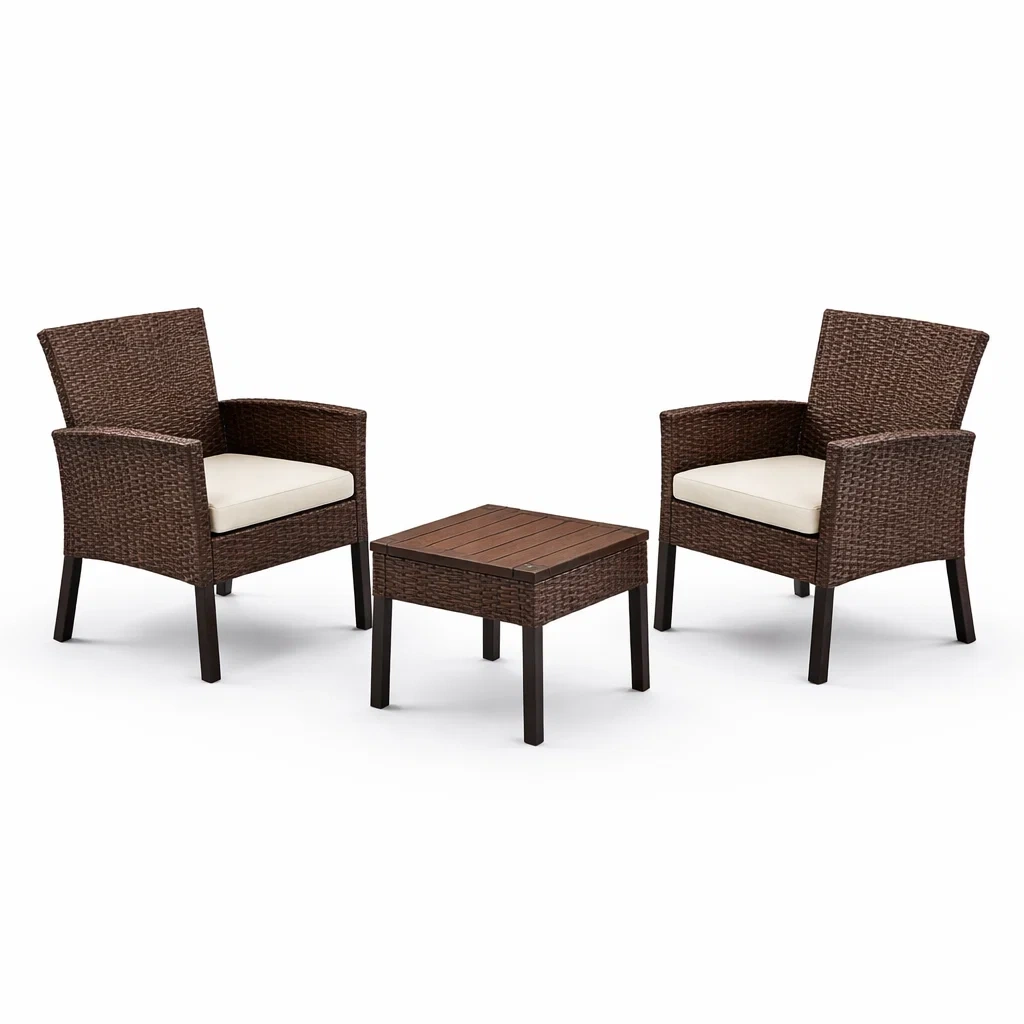 Set da relax piccolo con sedie in rattan con cuscini e tavolino in legno composito-LUXEOASISVIBES