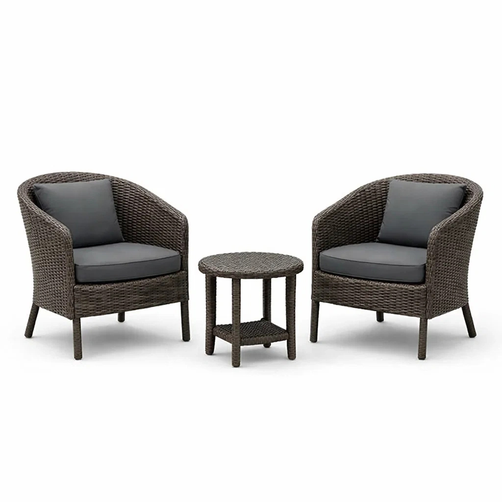 Set da relax piccolo in rattan con cuscini grigi-LUXEOASISVIBES