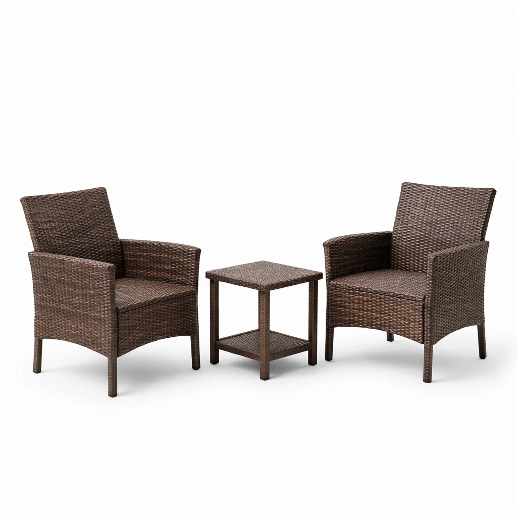 Set da relax piccolo con sedie e tavolino in rattan sintetico marrone-LUXEOASISVIBES