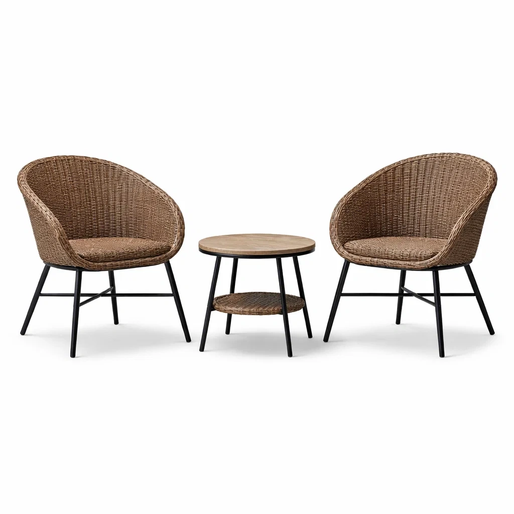 Set da relax piccolo in rattan sintetico con tavolino e sedie con struttura in metallo-LUXEOASISVIBES