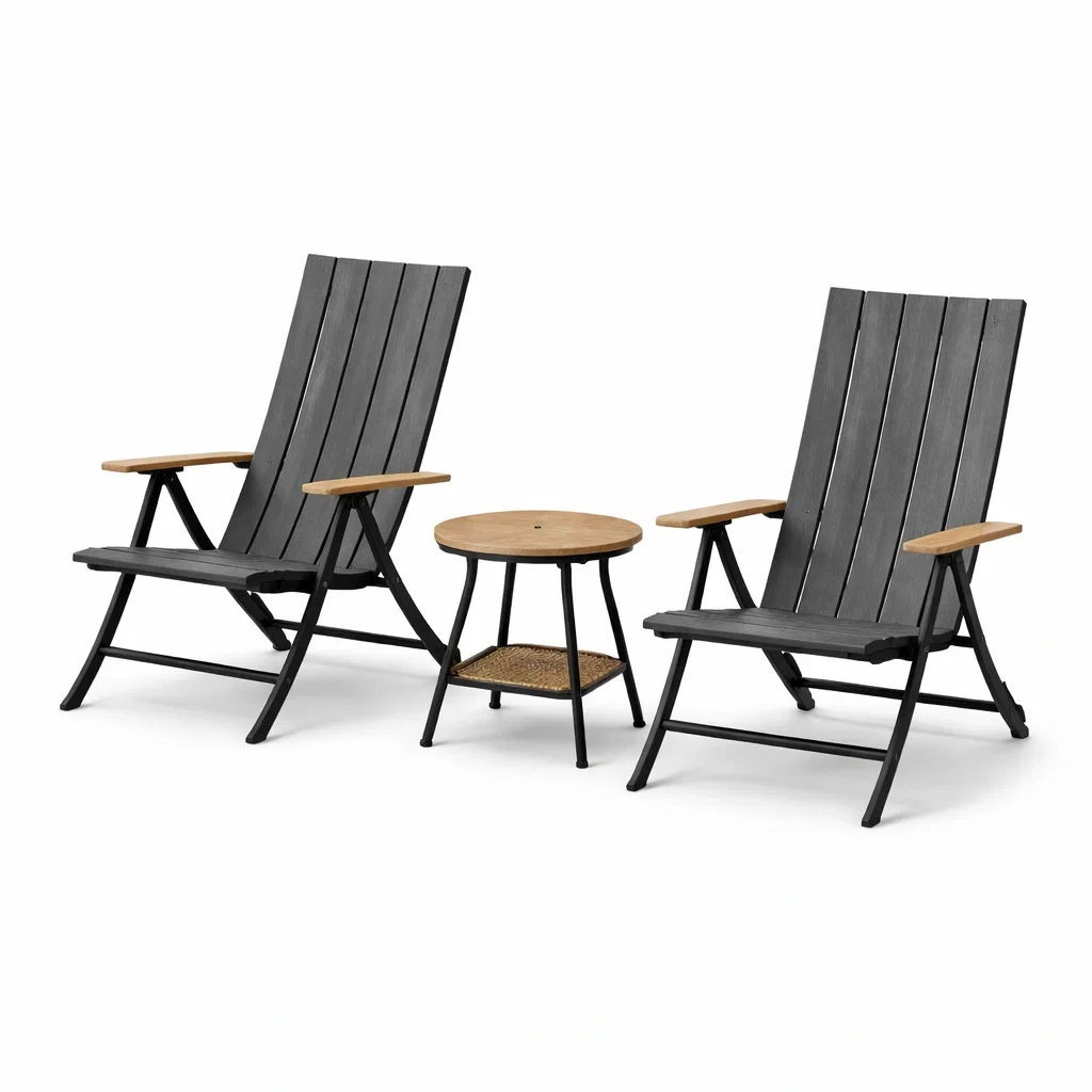 Set da relax piccolo con sedie reclinabili in plastica e tavolino rotondo in teak-LUXEOASISVIBES