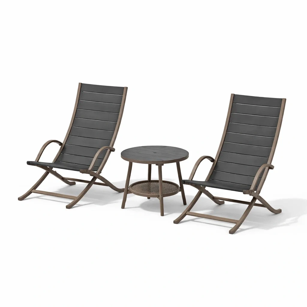 Set da relax piccolo con sedie pieghevoli e tavolo rotondo in composito e alluminio-LUXEOASISVIBES