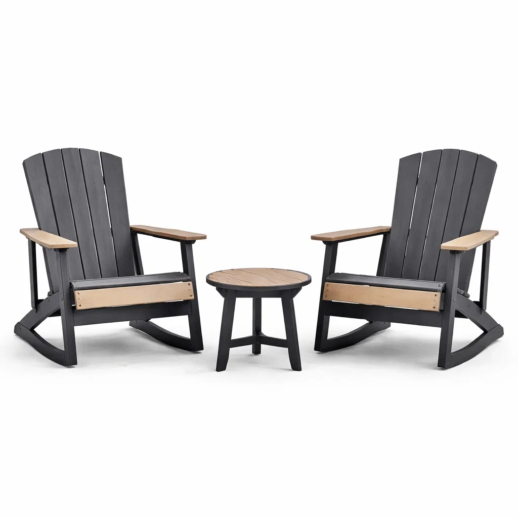 Set da relax piccolo in legno e polietilene con sedie a dondolo e tavolino-LUXEOASISVIBES