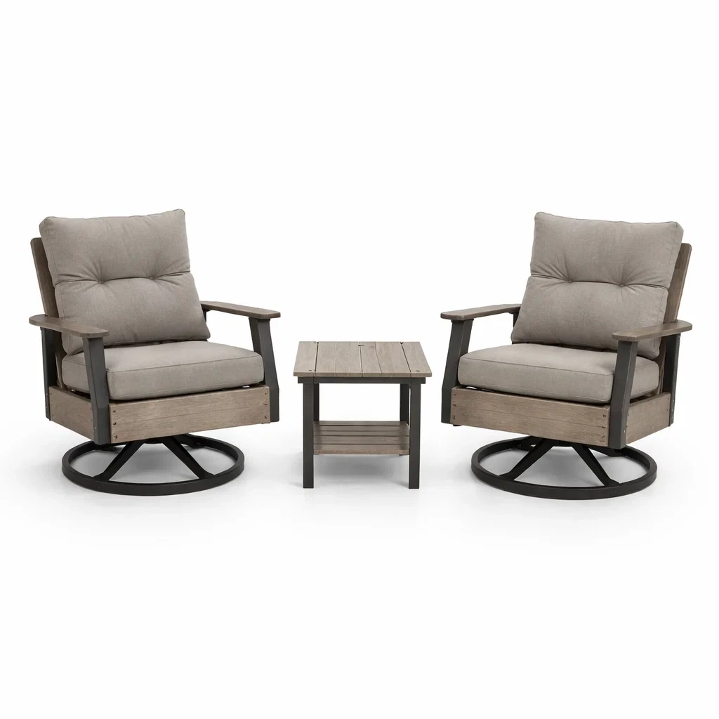 Set da relax piccolo in legno e metallo con cuscini in poliestere con poltrone girevoli e tavolino-LUXEOASISVIBES