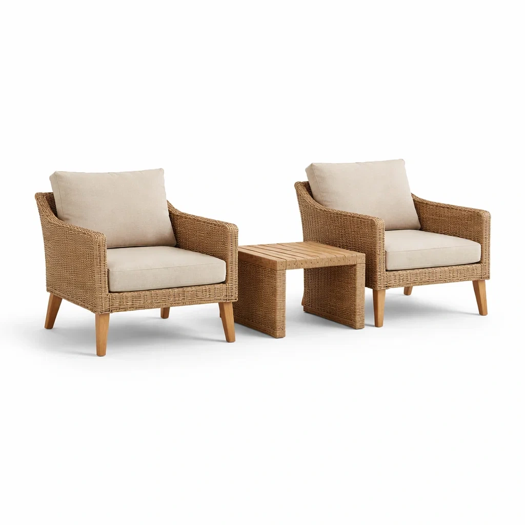 Set da relax piccolo con poltrone in rattan sintetico e tavolino in legno di acacia-LUXEOASISVIBES