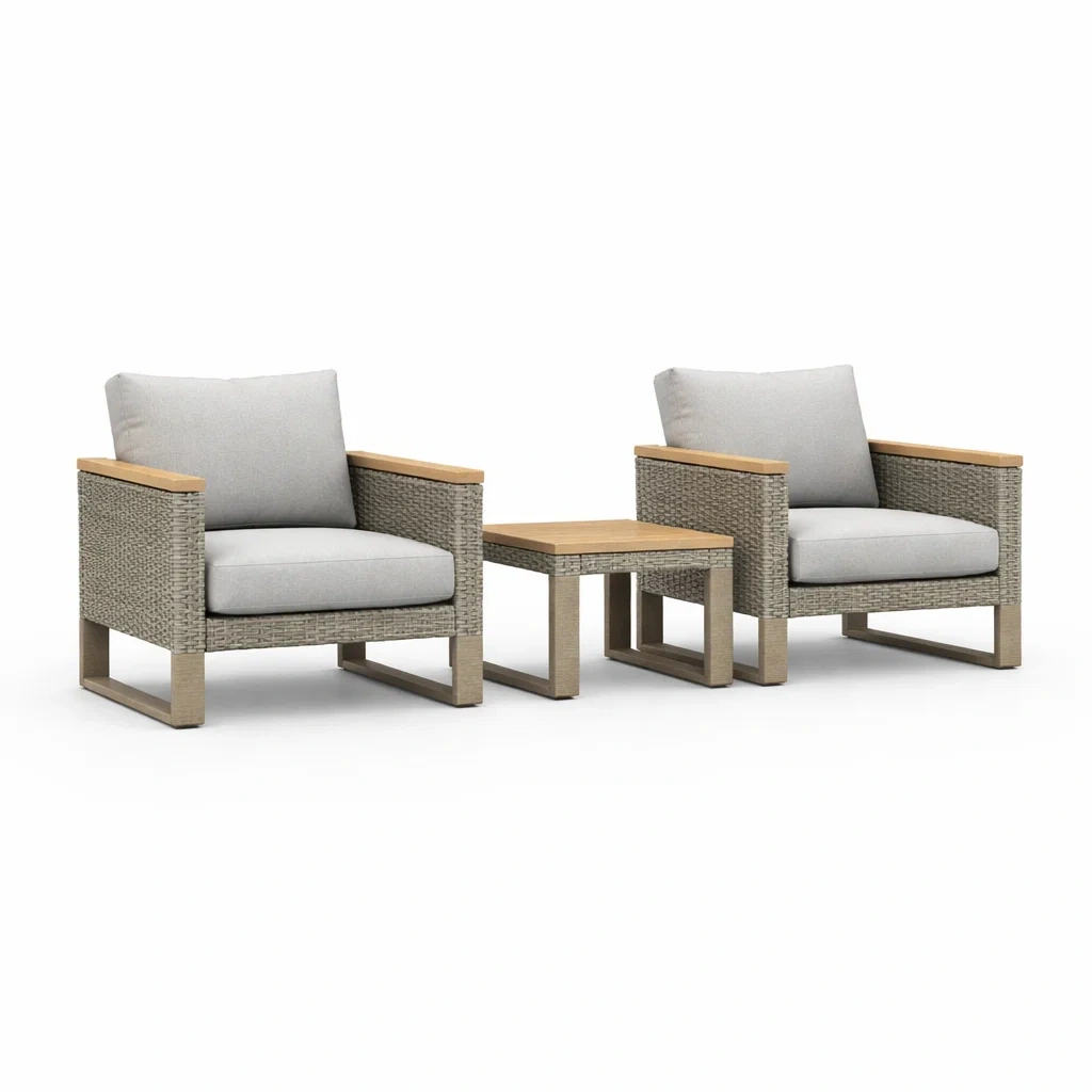Set da relax piccolo con sedie da esterno in rattan e legno con cuscini grigi-LUXEOASISVIBES
