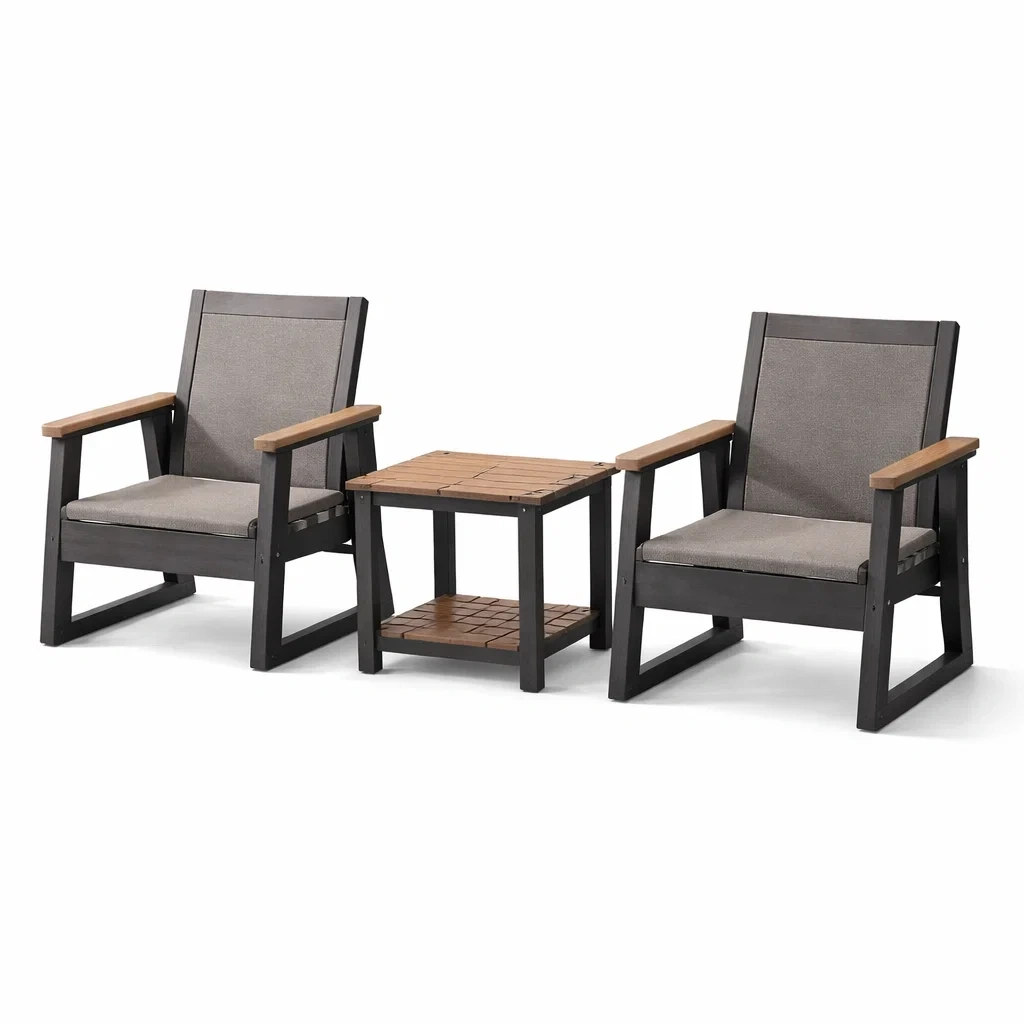 Set da relax piccolo in alluminio e legno composito nero e marrone con poltrone e tavolino-LUXEOASISVIBES