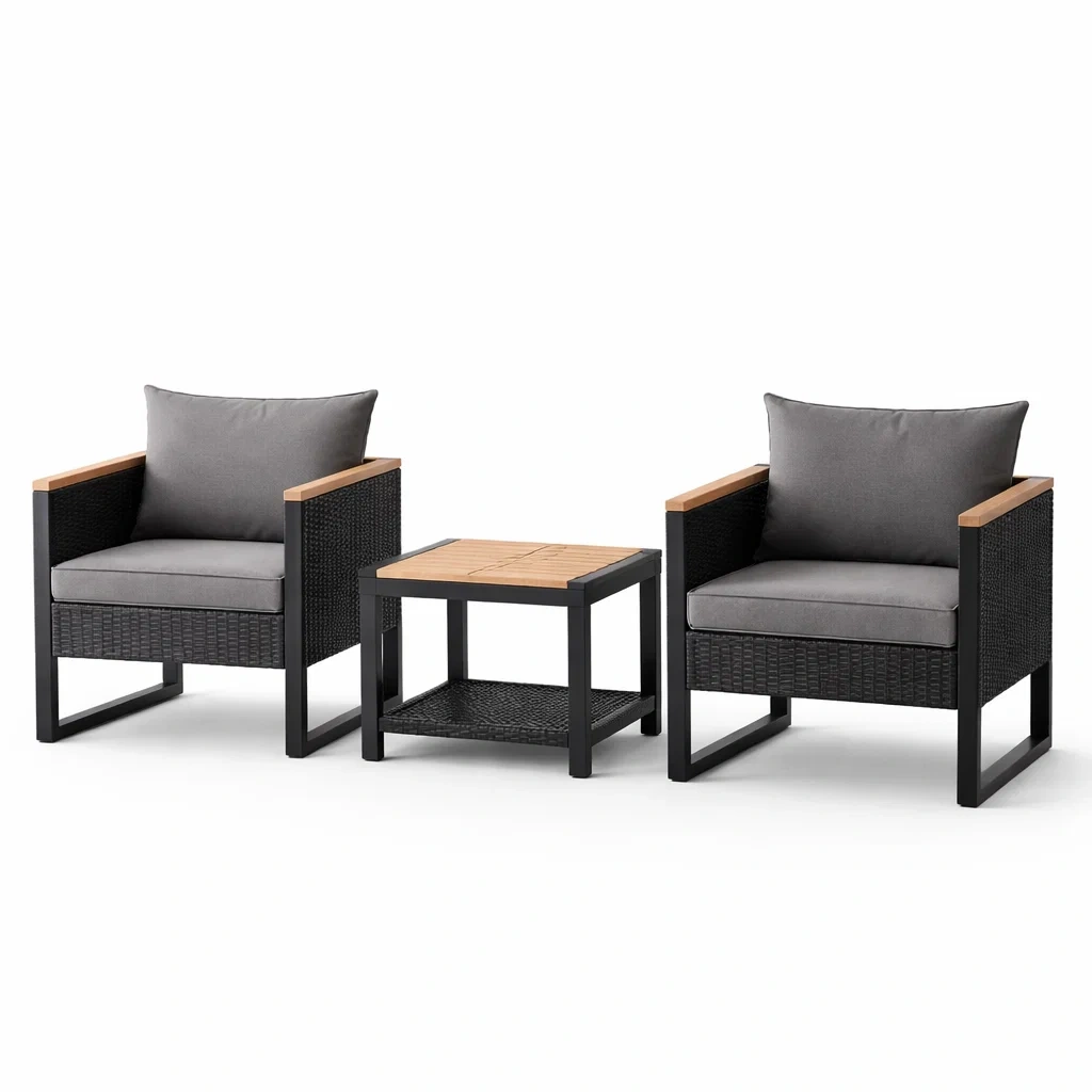 Set da relax piccolo in rattan e alluminio con cuscini grigi-LUXEOASISVIBES