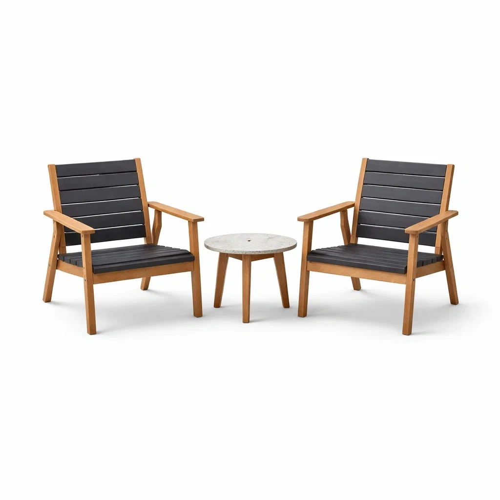Set da relax piccolo con poltrone in legno e tavolino in marmo grigio-LUXEOASISVIBES