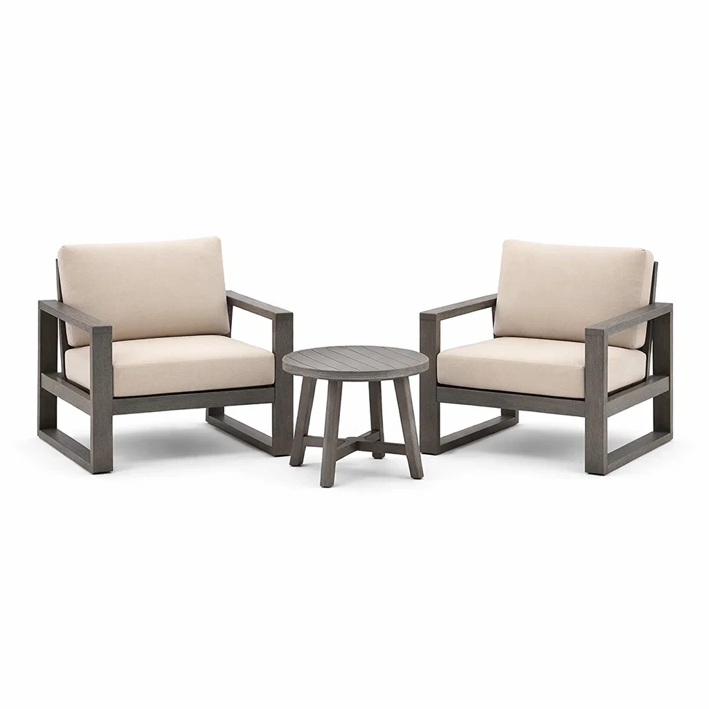 Set da relax piccolo in legno con poltrone e tavolino rotondo-LUXEOASISVIBES