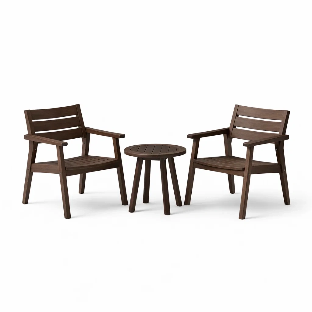 Set da relax piccolo in legno massello scuro con sedie e tavolo rotondo-LUXEOASISVIBES
