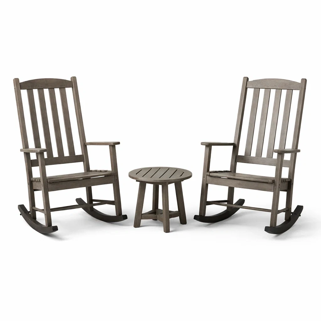 Set da relax piccolo in legno massello grigio con sedie a dondolo e tavolino rotondo-LUXEOASISVIBES