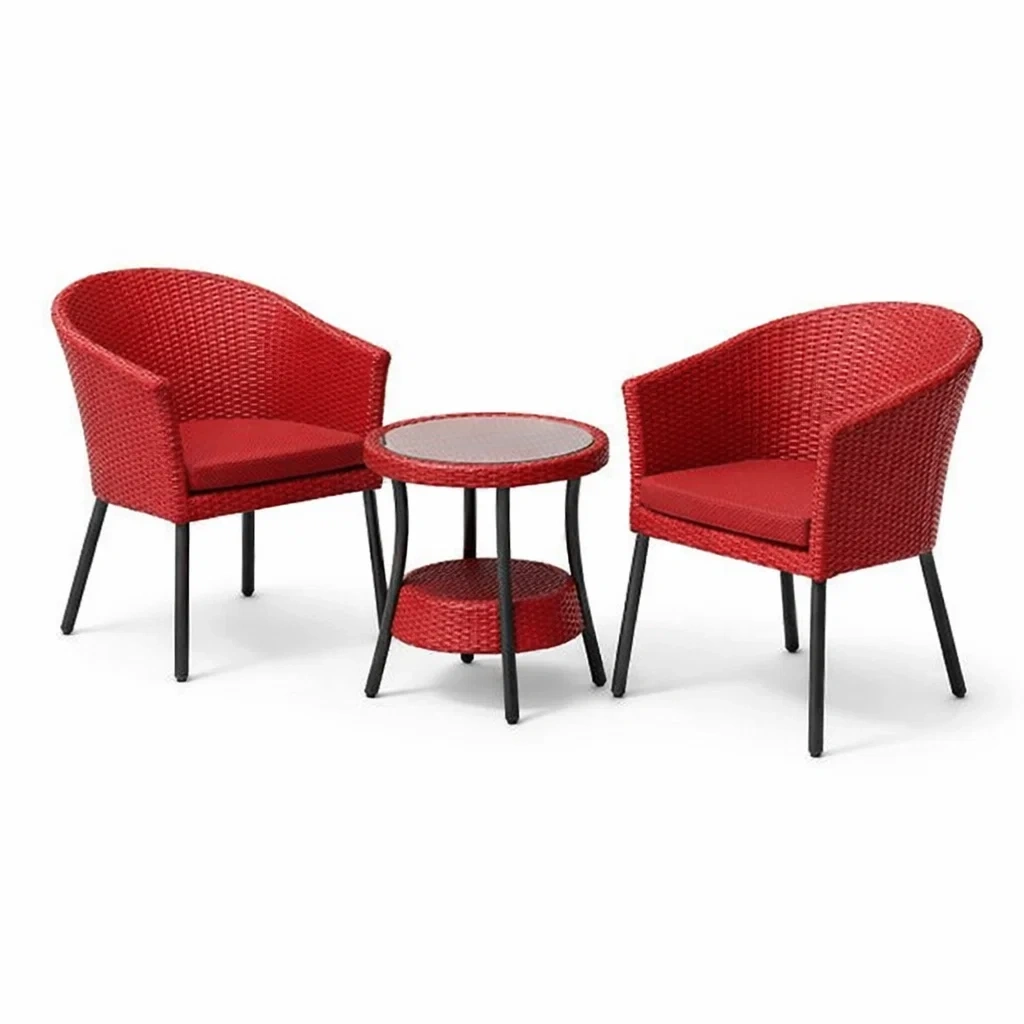 Set da relax piccolo in rattan con tavolo e sedie rosse-LUXEOASISVIBES