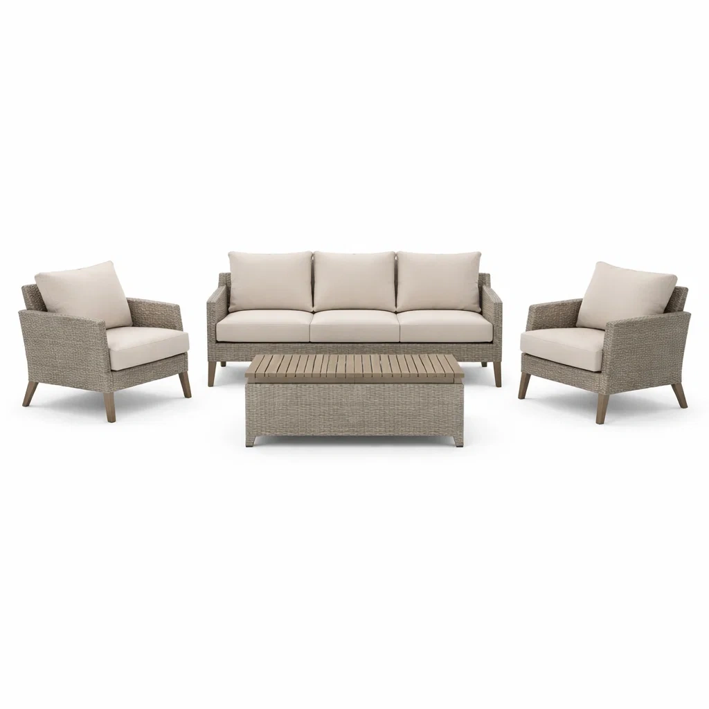 Set di divani in rattan sintetico con cuscini beige-LUXEOASISVIBES