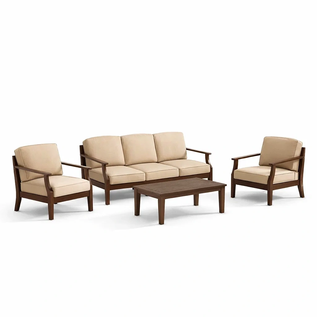 Set di divani da giardino in legno di acacia con cuscini beige-LUXEOASISVIBES