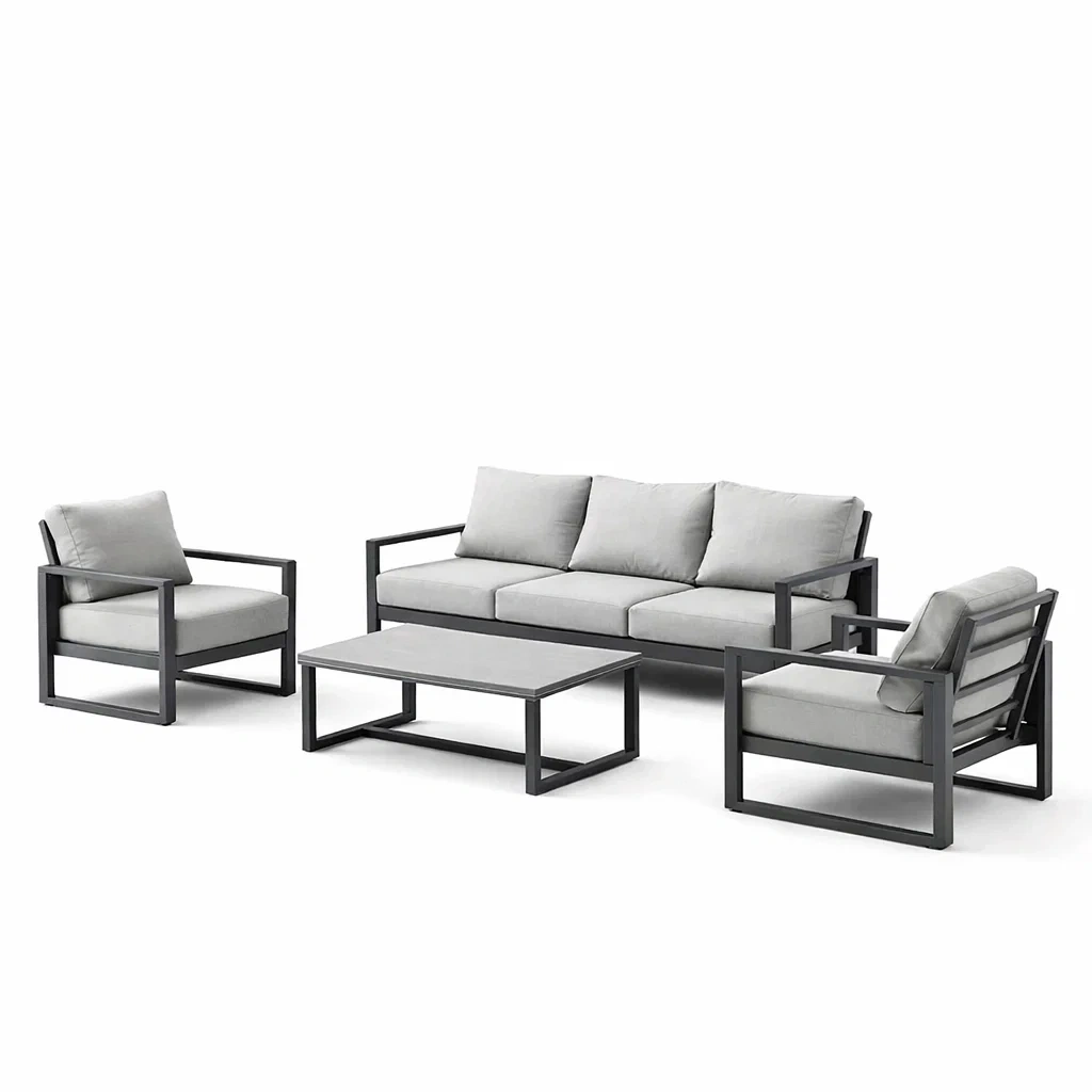 Set di divani da giardino in alluminio con cuscini grigi-LUXEOASISVIBES