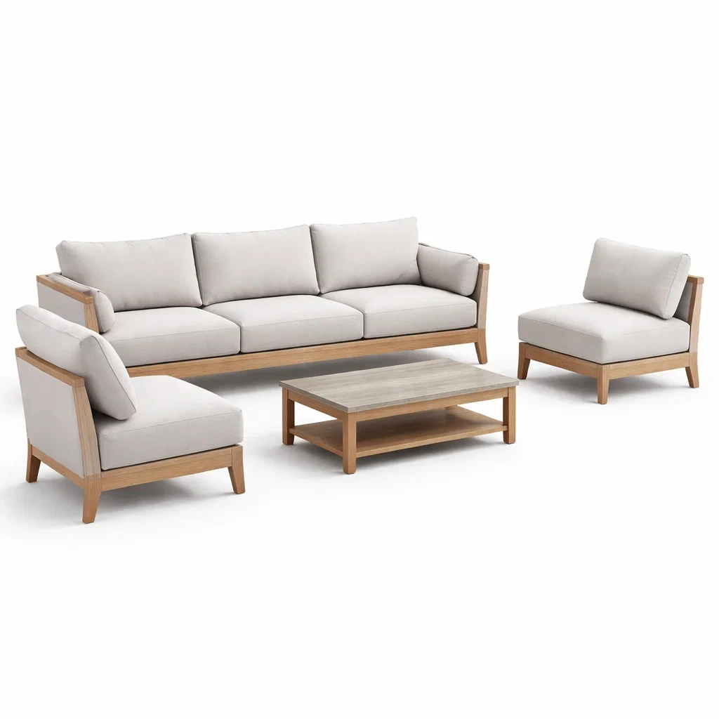 Set di divani in legno di quercia e tessuto grigio chiaro-LUXEOASISVIBES