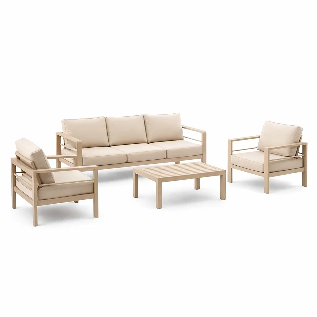 Set di divani in legno con cuscini in poliestere beige con poltrone e tavolino-LUXEOASISVIBES