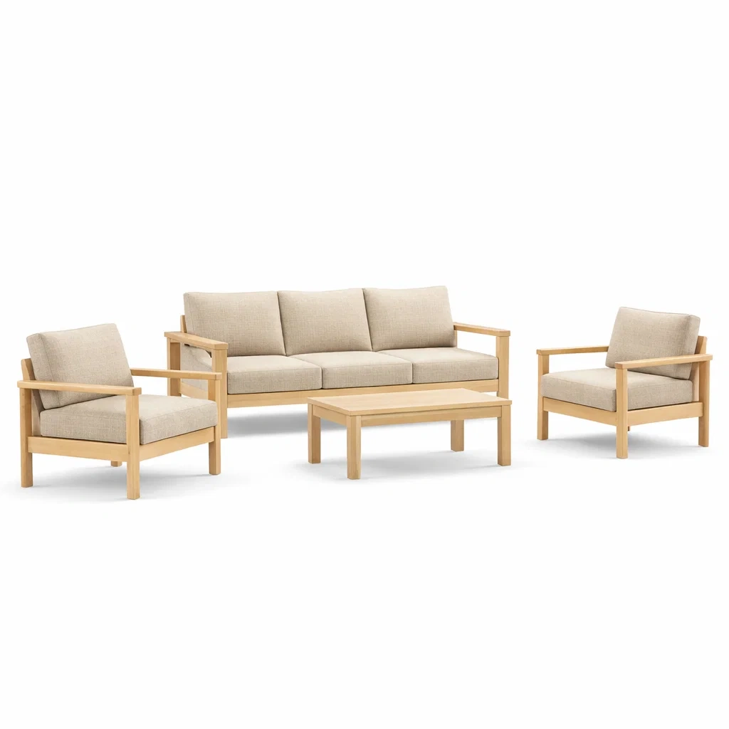 Set di divani in legno massello con cuscini beige-LUXEOASISVIBES