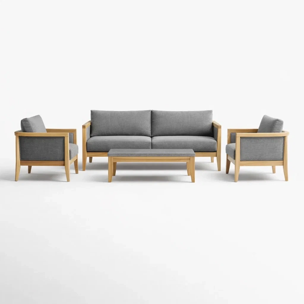 Set di divani in legno e tessuto grigio-LUXEOASISVIBES