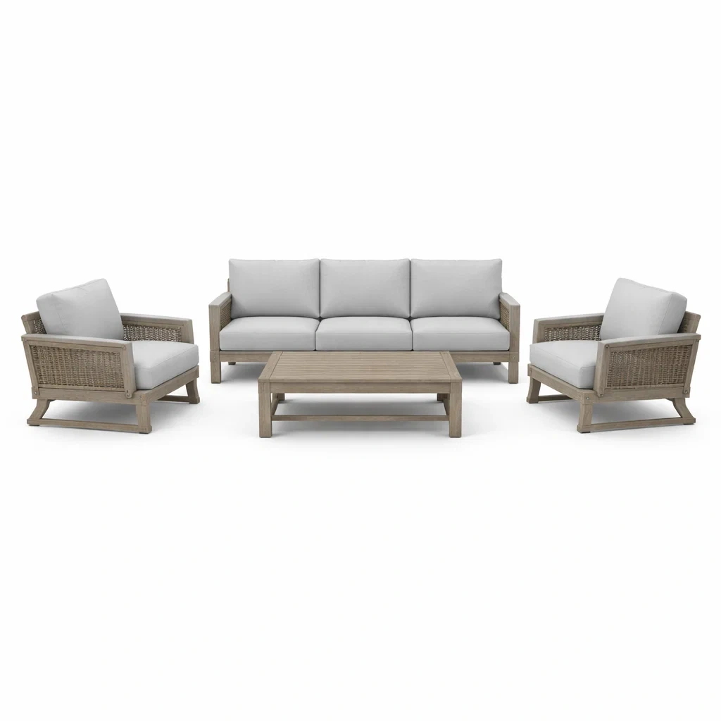 Set di divani da esterno in legno e rattan con cuscini grigi-LUXEOASISVIBES