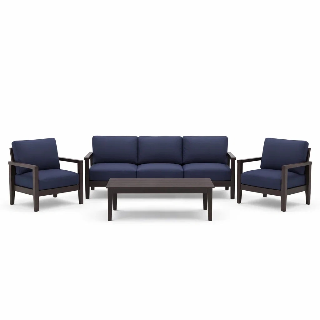 Set di divani in alluminio con cuscini in poliestere blu e tavolino-LUXEOASISVIBES