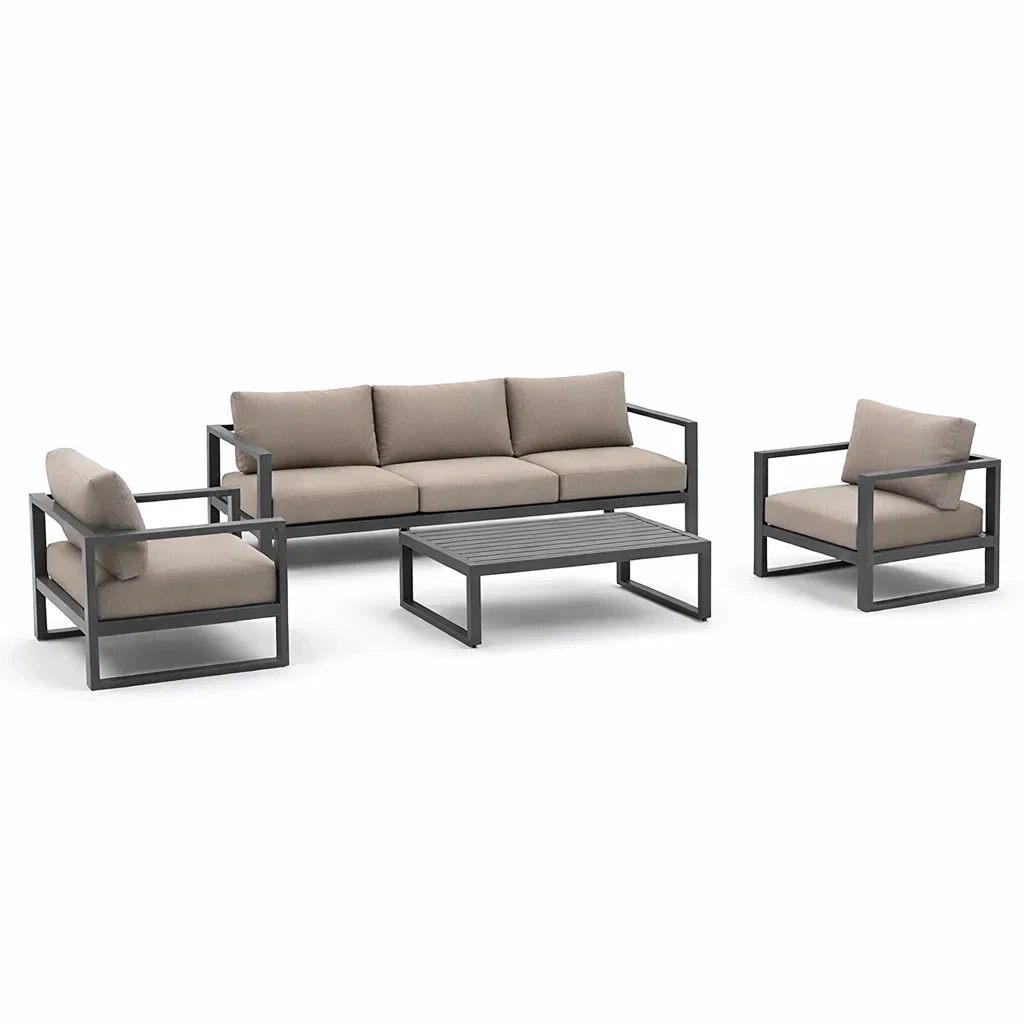 Set di divani da giardino in metallo con cuscini grigio beige-LUXEOASISVIBES