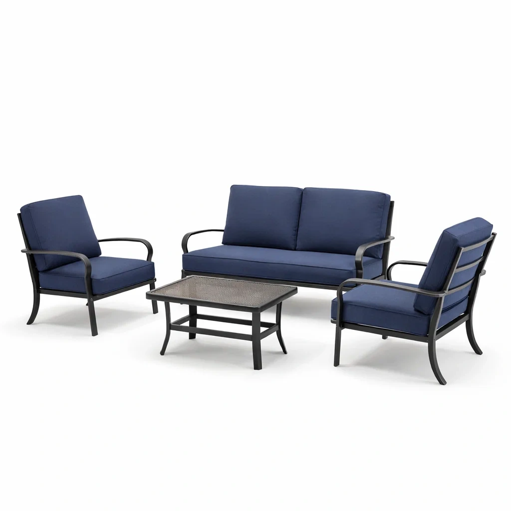 Set di divani da esterno in metallo e tessuto blu con tavolo quadrato-LUXEOASISVIBES