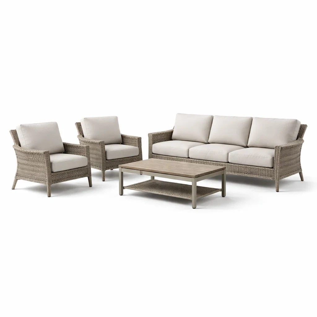 Set di divani da esterno in rattan sintetico beige con tavolino in alluminio e legno composito-LUXEOASISVIBES