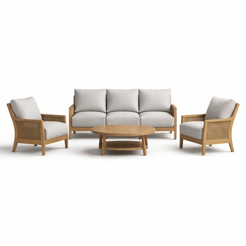 Set di divani in legno e rattan con tavolino rotondo-LUXEOASISVIBES
