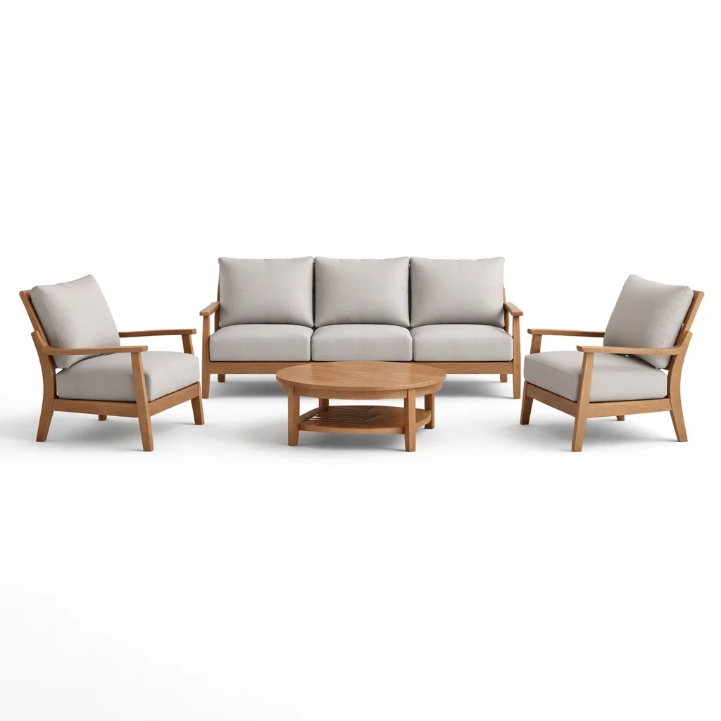 Set di divani con divano e poltrone in legno con tessuto grigio e tavolino rotondo-LUXEOASISVIBES