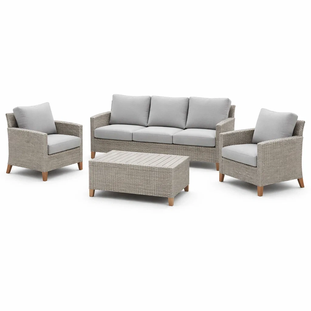 Set di divani in rattan sintetico grigio con poltrone e tavolino-LUXEOASISVIBES