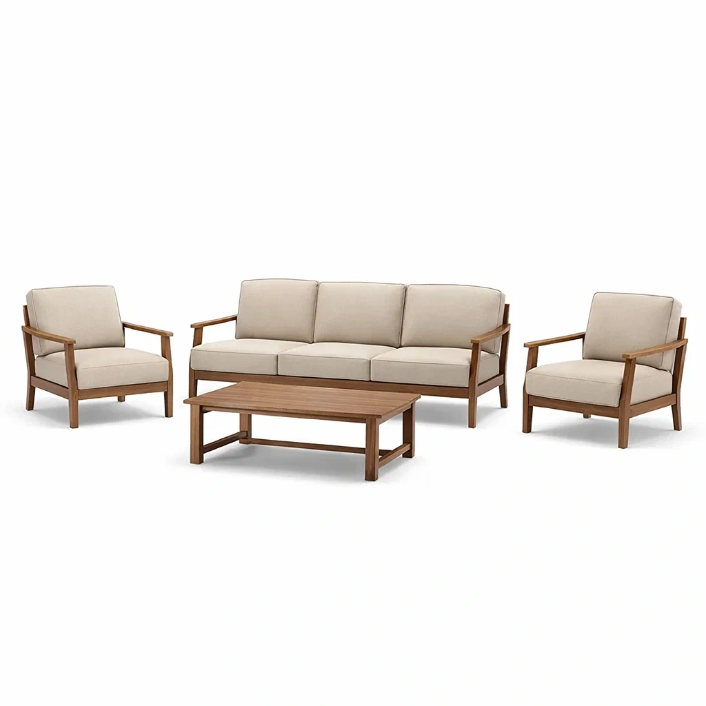 Set di divani in legno con cuscini in poliestere beige-LUXEOASISVIBES