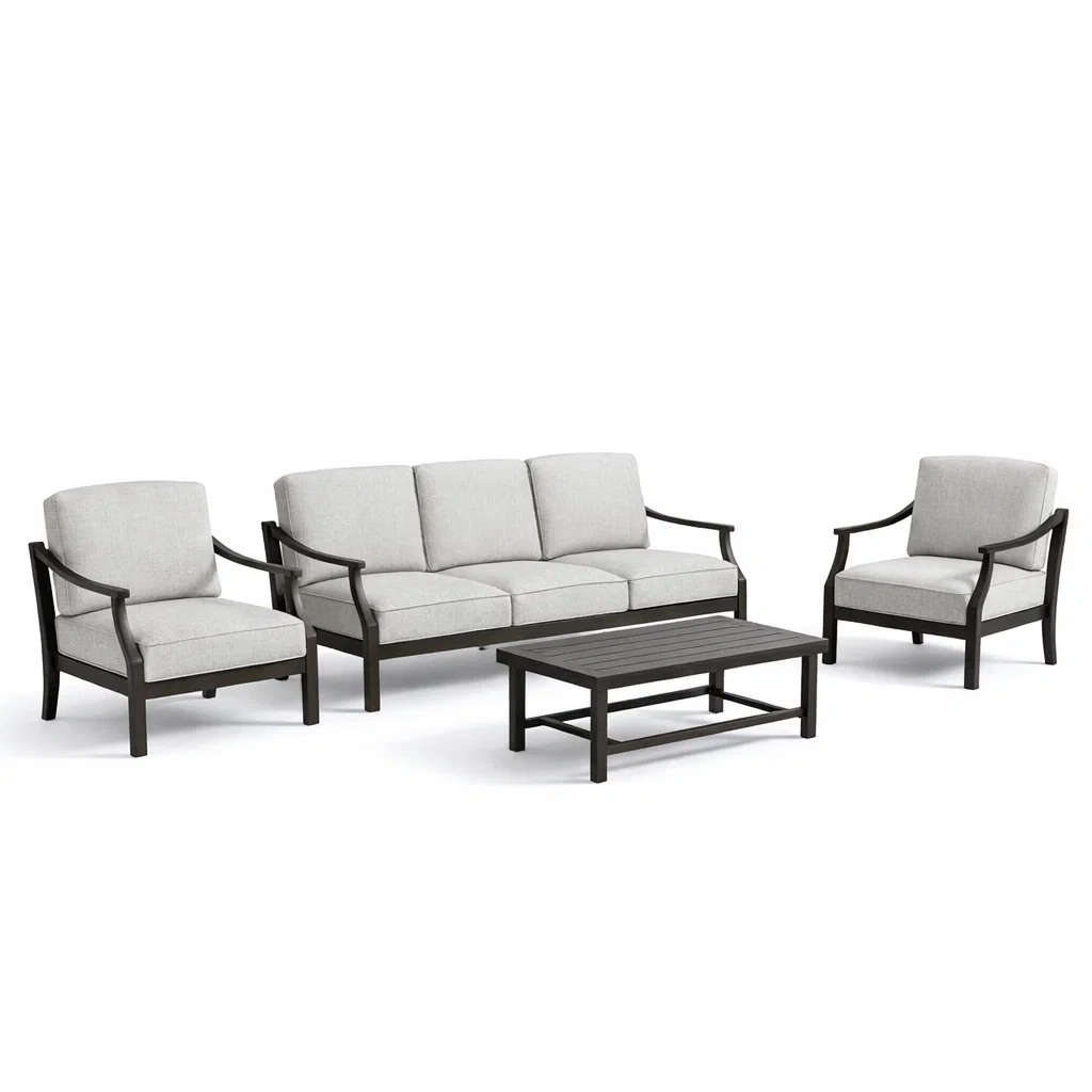 Set di divani da giardino in metallo nero con cuscini grigi-LUXEOASISVIBES