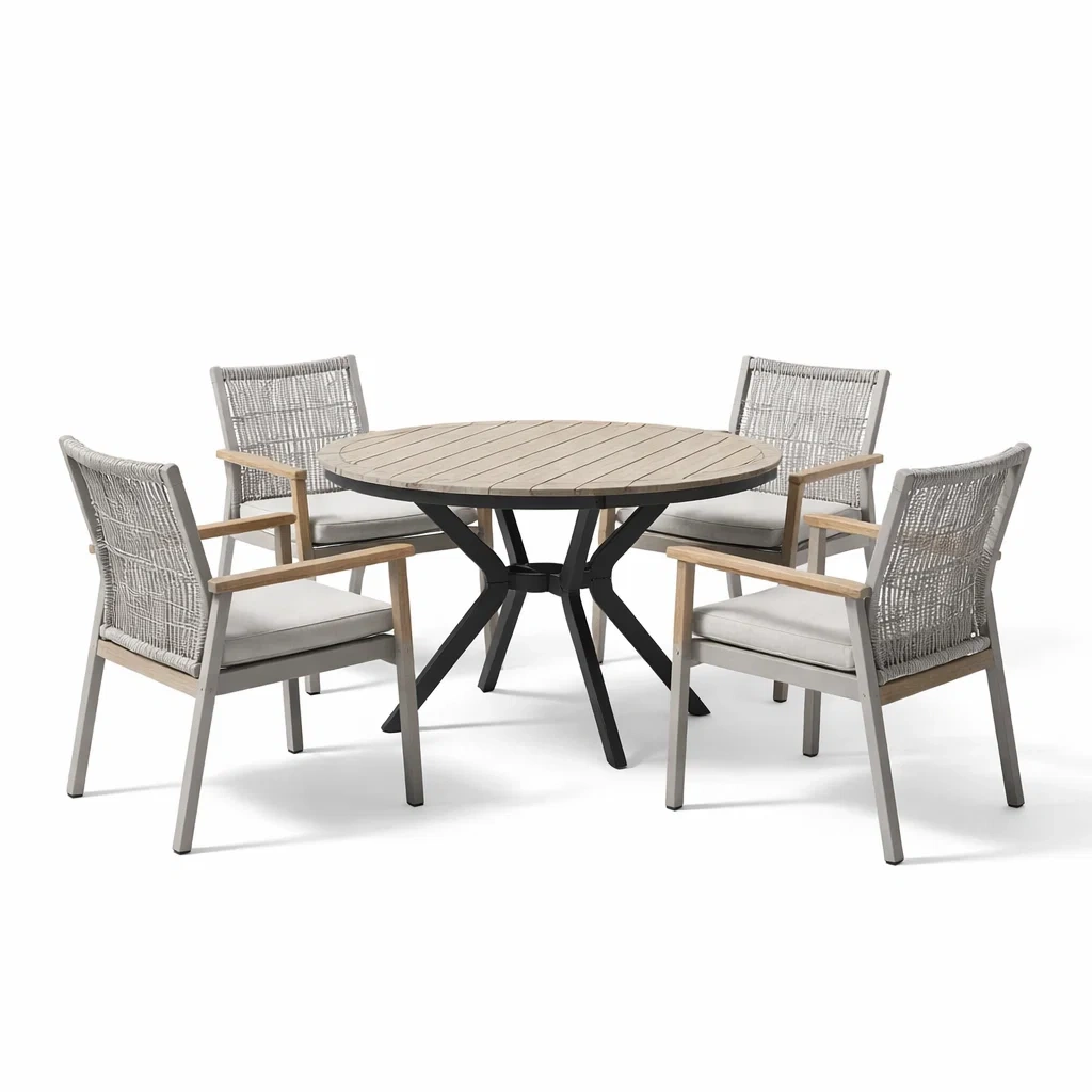 Set tavolo e sedie da giardino in legno e metallo con tavolo rotondo e sedie grigie-LUXEOASISVIBES