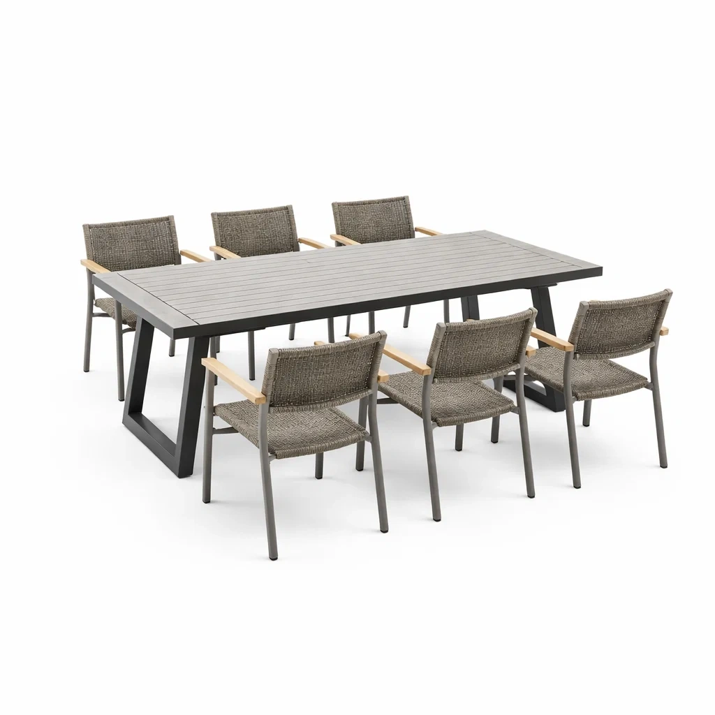 Set tavolo e sedie con tavolo in alluminio e sedie in tessuto grigio con braccioli in legno-LUXEOASISVIBES