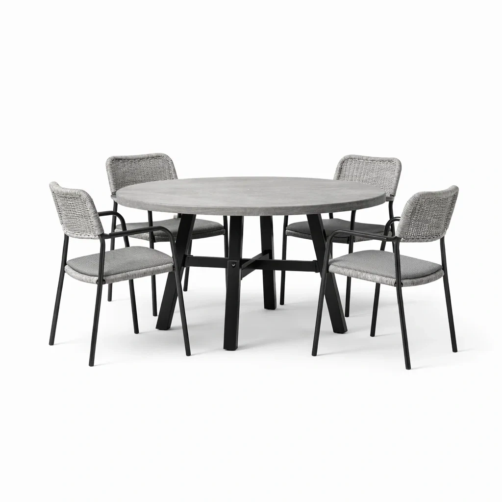 Set tavolo e sedie con tavolo rotondo in metallo grigio e sedie in rattan sintetico-LUXEOASISVIBES