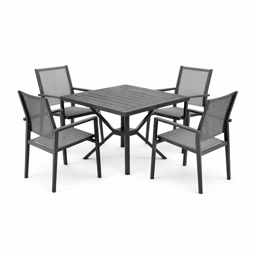 Set tavolo e sedie da esterno in alluminio grigio-LUXEOASISVIBES