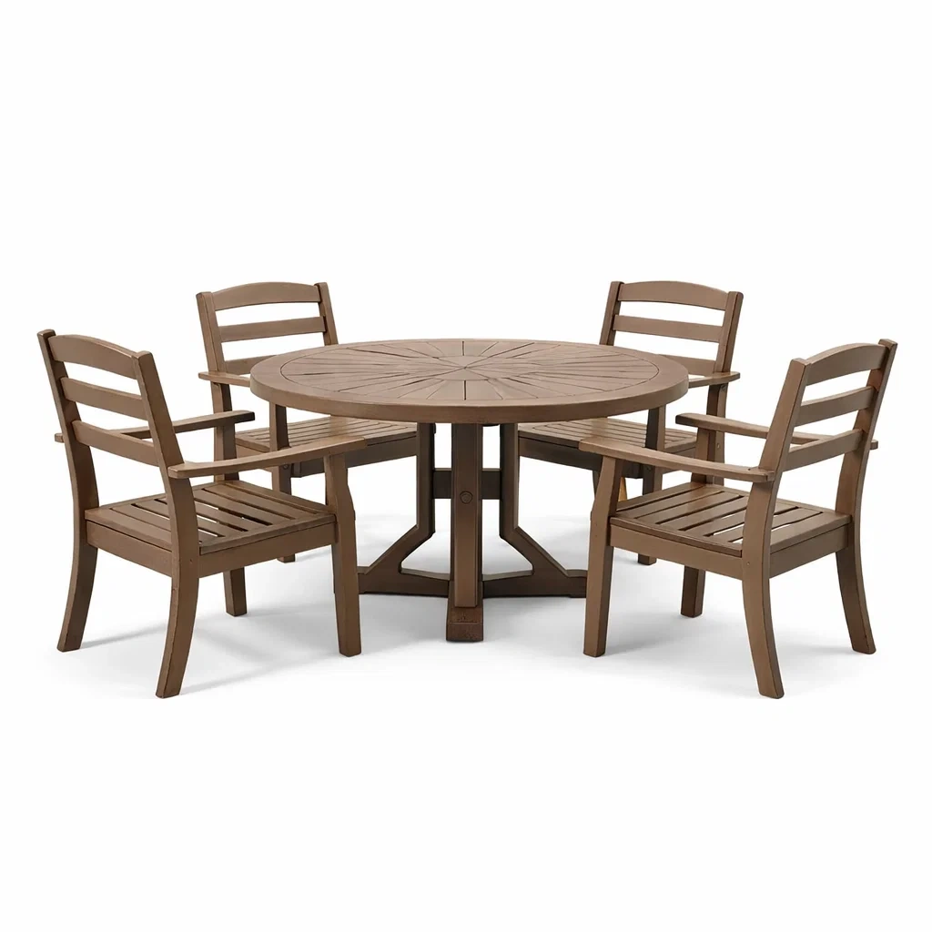 Set tavolo e sedie da pranzo in legno marrone per esterno con tavolo rotondo e sedie-LUXEOASISVIBES
