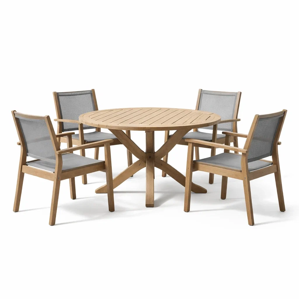 Set tavolo e sedie con tavolo rotondo e sedie in teak e tessuto grigio-LUXEOASISVIBES