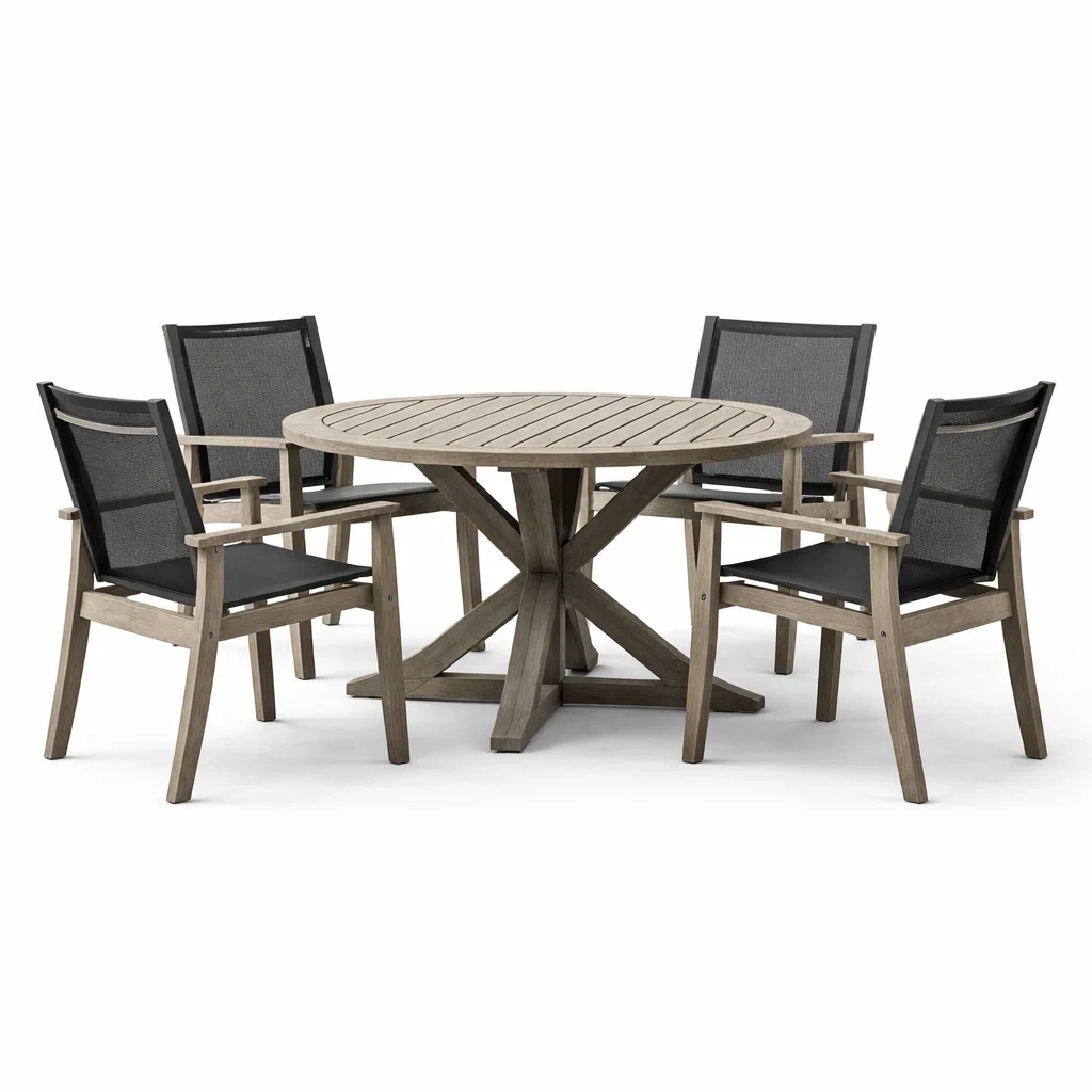 Set tavolo e sedie con tavolo rotondo in legno di acacia e sedie in poliestere grigio e antracite-LUXEOASISVIBES