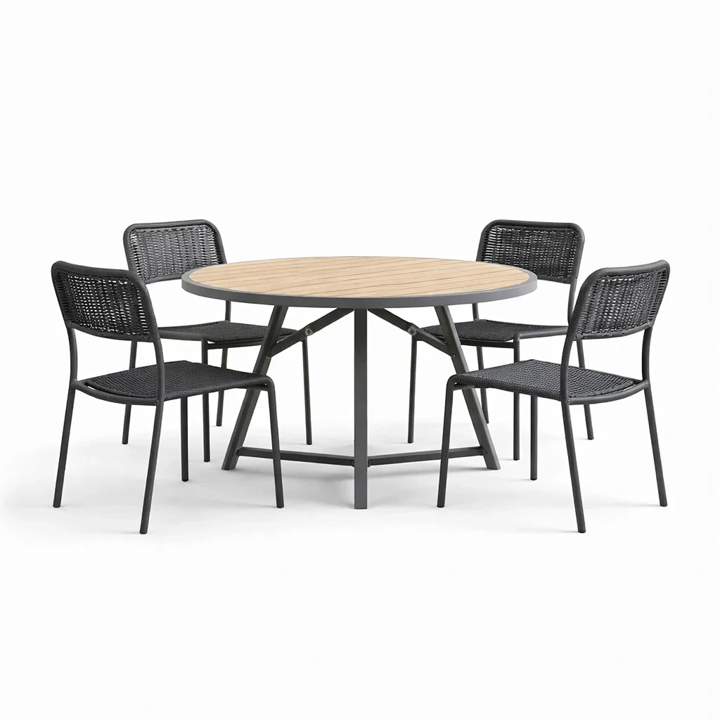 Set tavolo e sedie con tavolo rotondo e sedie in acciaio nero e legno-LUXEOASISVIBES