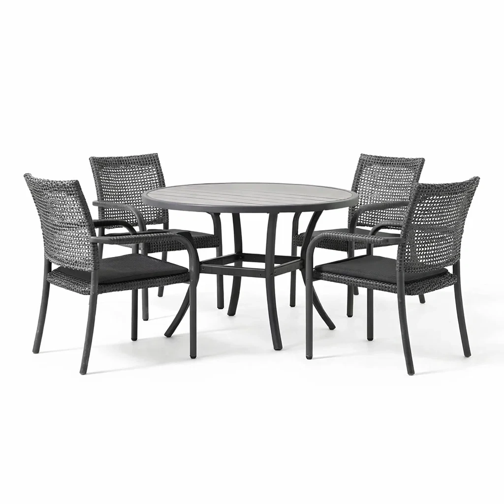 Set tavolo e sedie da giardino in alluminio e rattan con tavolo rotondo e sedie-LUXEOASISVIBES
