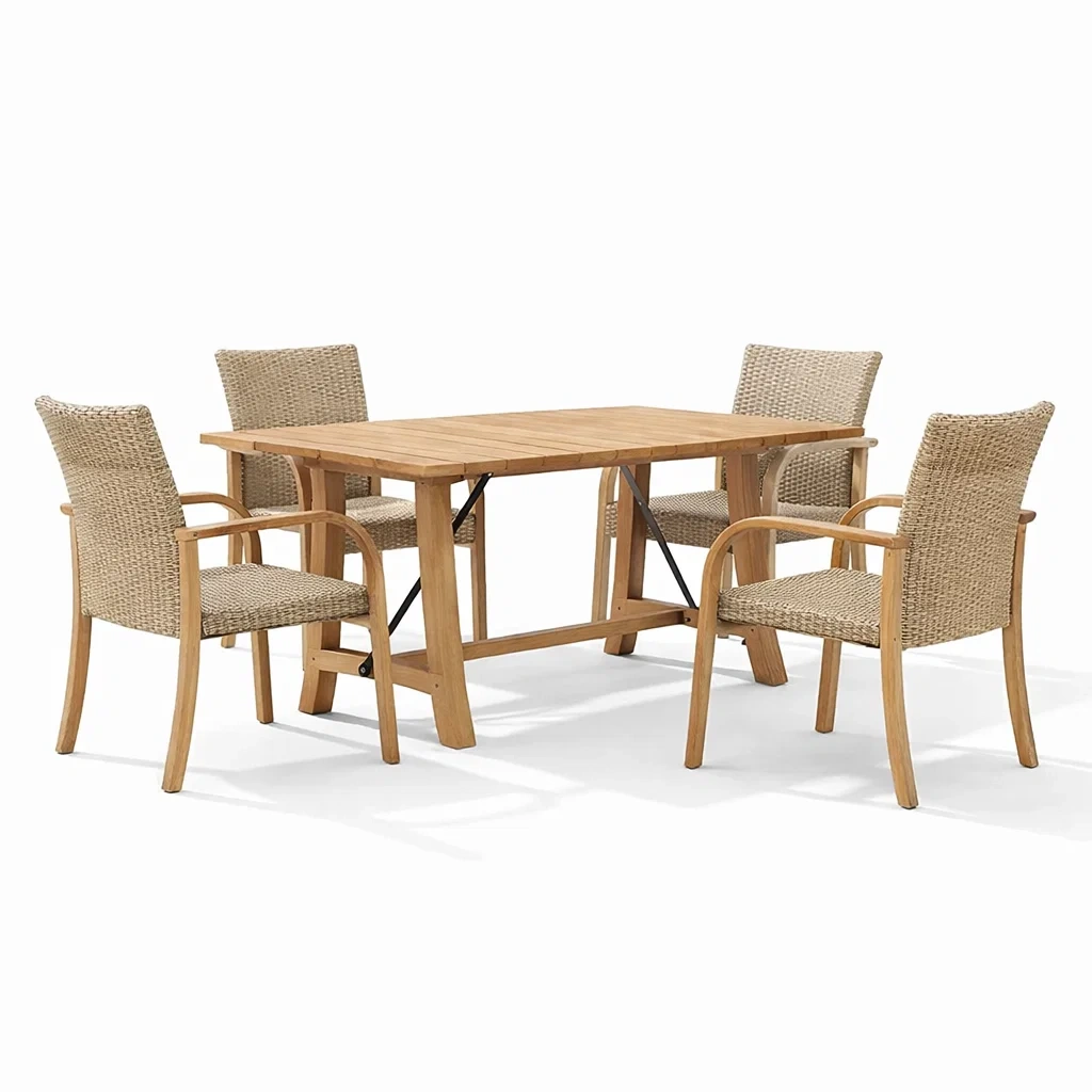 Set tavolo e sedie con tavolo in legno e sedie in rattan sintetico-LUXEOASISVIBES
