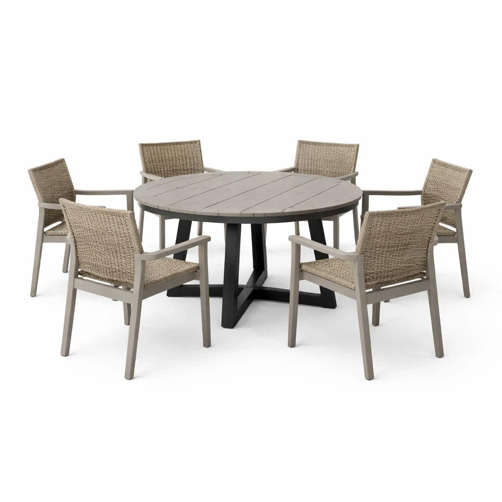 Set tavolo e sedie con tavolo rotondo in legno di acacia e sedie in rattan sintetico-LUXEOASISVIBES
