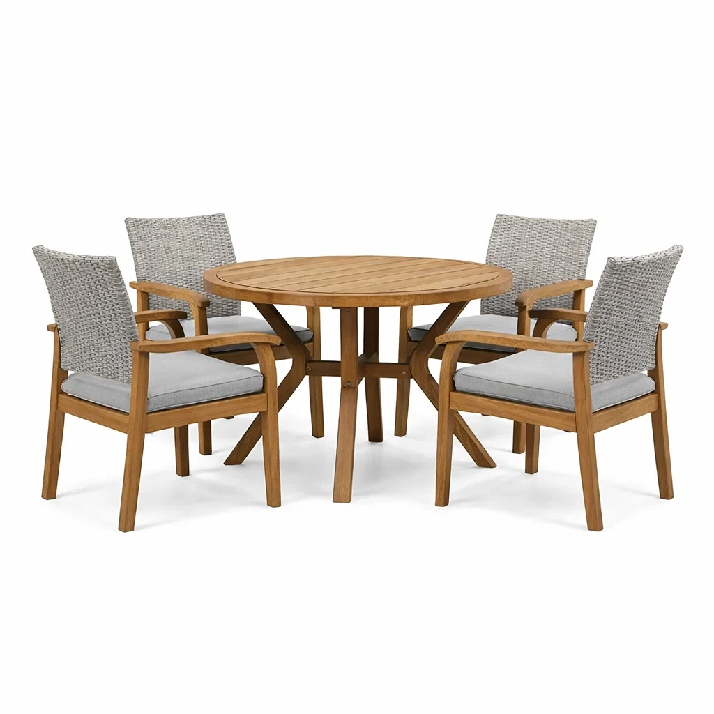 Set tavolo e sedie con tavolo rotondo in legno e sedie in rattan sintetico grigio-LUXEOASISVIBES